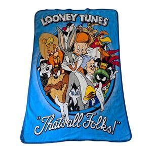 VTG Looney Tunes Thats All Folks Blue Throw Blanket 58in x 38in Toons Taz Bugs